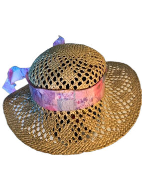 Straw woven sun hat with pink floral ribbon